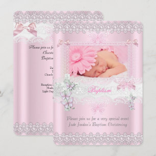 Baptism Pink Lace Photo Butterfly Cross Girl 3 Invitation
