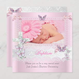Baptism Pink Lace Photo Butterfly Cross Girl Invitation