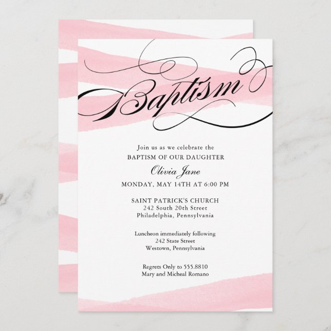 Baptism, Pink Modern Watercolor Invitation (Front/Back)