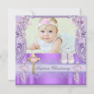 Baptism Pink Purple Cross Girl Photo Christening Invitation
