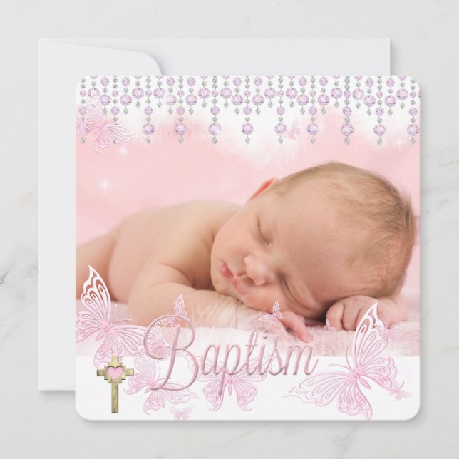 Baptism Pink Silver Butterfly Cross Invitation (Front)
