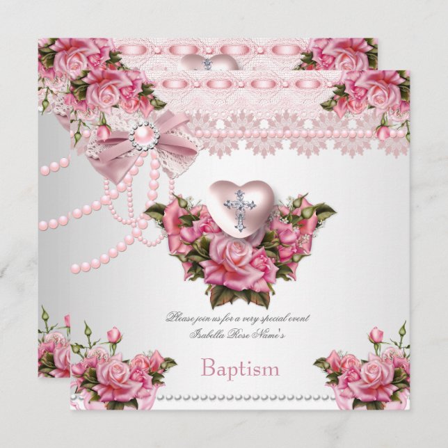 Baptism Pink Silver Heart Cross Girl Rose 5 Invitation (Front/Back)