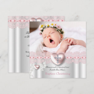 Baptism Pink Silver Photo Heart Cross Girl Invitation