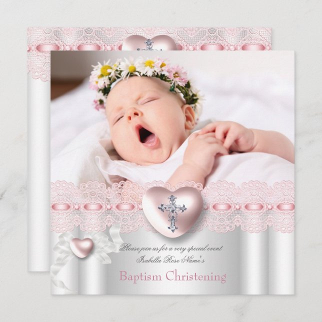 Baptism Pink Silver Photo Heart Cross Girl Invitation (Front/Back)