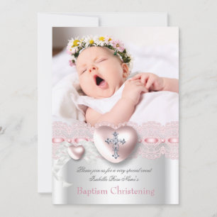 Baptism Pink Silver Photo Heart Cross Girl Invitation