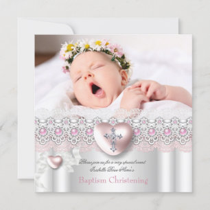 Baptism Pink Silver Photo Heart Cross Girl Pearl Invitation
