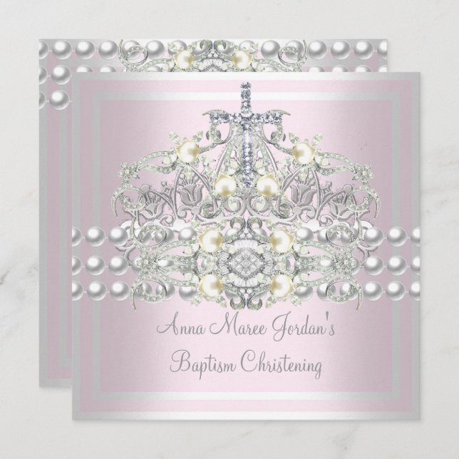 Baptism Pink Tiara Silver White Pearl Diamond Invitation (Front/Back)