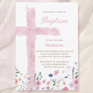 Baptism pink watercolor cross and flowers invitation