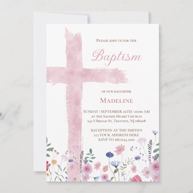 Baptism pink watercolor cross and flowers invitation (Front)