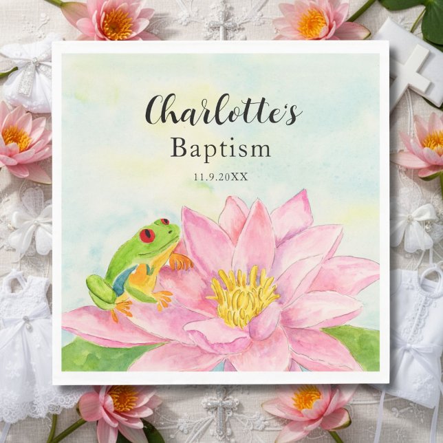 Baptism Pink Waterlily & Tree Frog Napkin (Creator Uploaded)