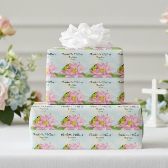 Baptism Pink Waterlily & Tree Frog Wrapping Paper (Creator Uploaded)