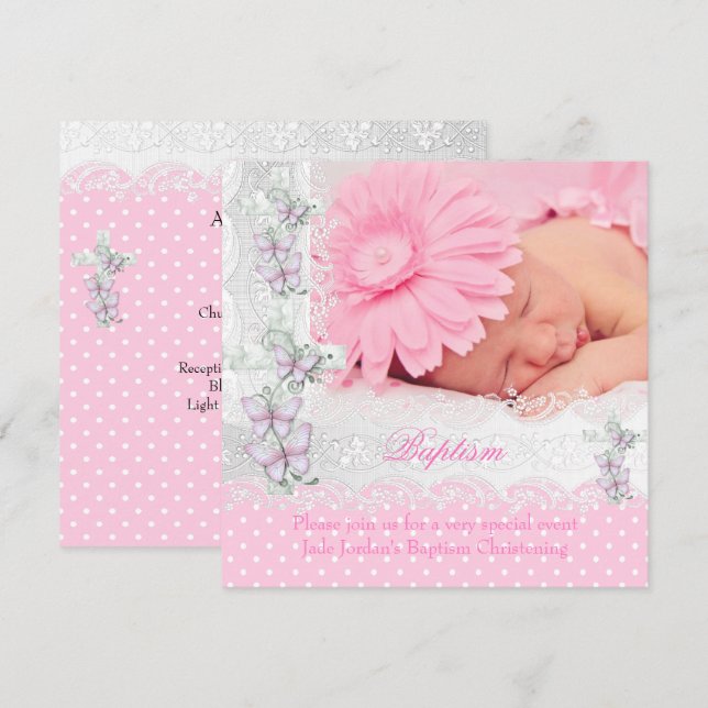 Baptism Pink White Lace Photo Butterfly Cross Girl Invitation (Front/Back)