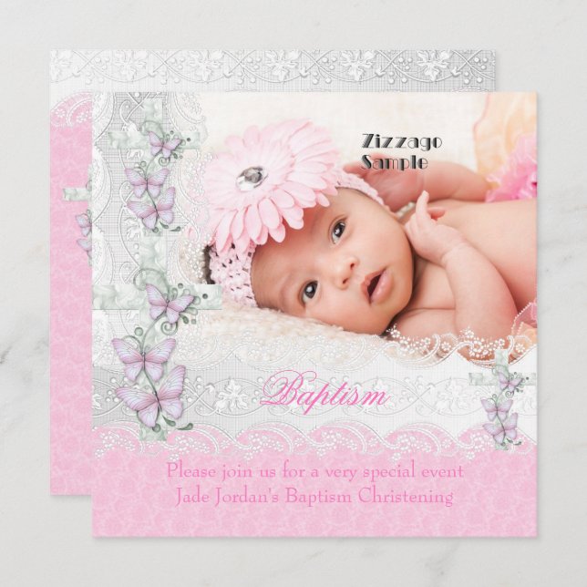 Baptism Pink White Lace Photo Butterfly Cross Girl Invitation (Front/Back)