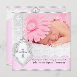 Baptism Pink White Lace Photo Jewel Cross Girl 3 Invitation