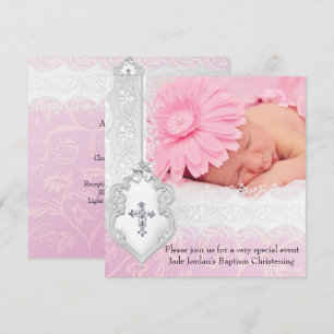 Baptism Pink White Lace Photo Jewel Cross Girl Invitation
