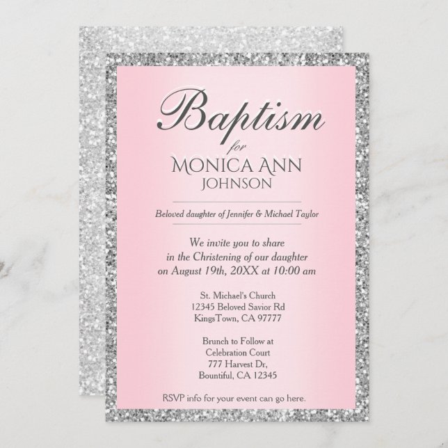 Baptism | Pink with Silver Faux Glitter Invitation (Front/Back)