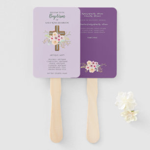 Baptism Program Fan - Floral Cross Purple Sage
