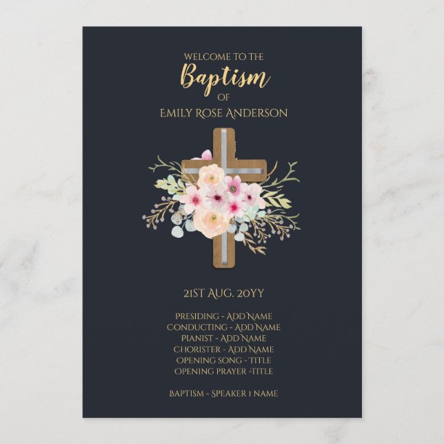 Baptism Program - Floral Cross Navy Blue Gold (Front)