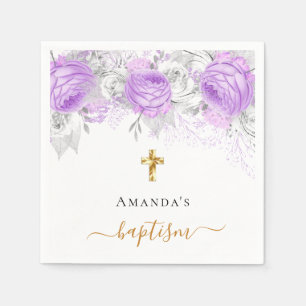 Baptism purple floral white elegant name girl napkin