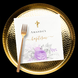 Baptism purple floral white elegant name girl napkin