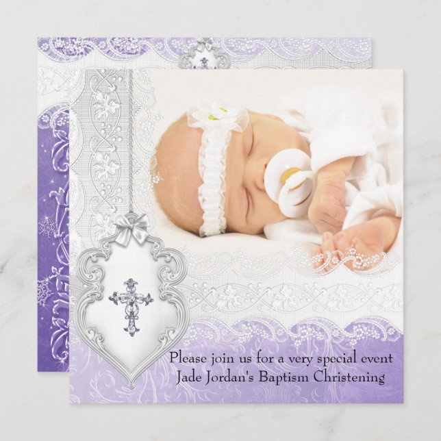 Baptism Purple White Lace Photo Jewel Cross Girl Invitation (Front/Back)