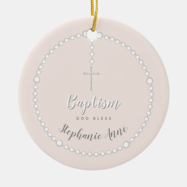 Baptism Rosary on Pink Ceramic Ornament (Front)