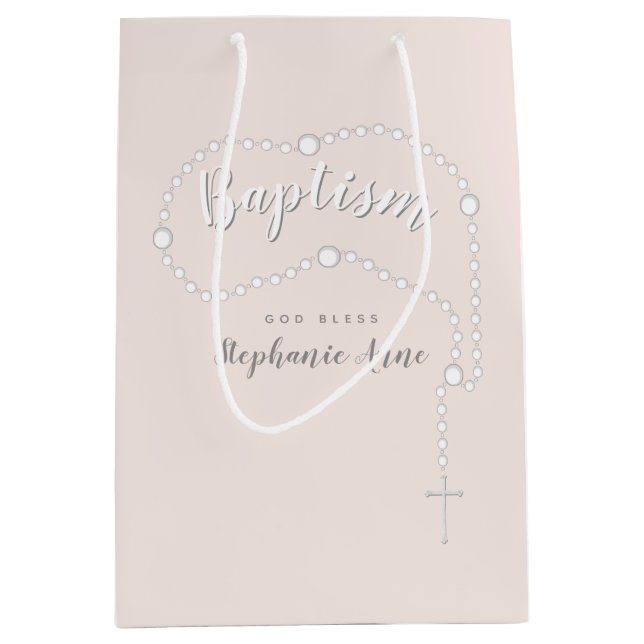 Baptism Rosary on Pink Medium Gift Bag (Front)