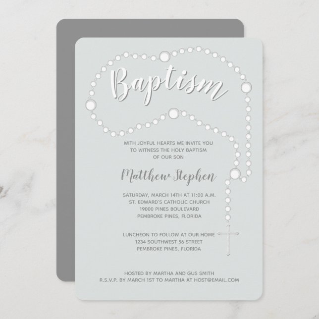 Baptism Rosary on Powdered Blue Invitation (Front/Back)