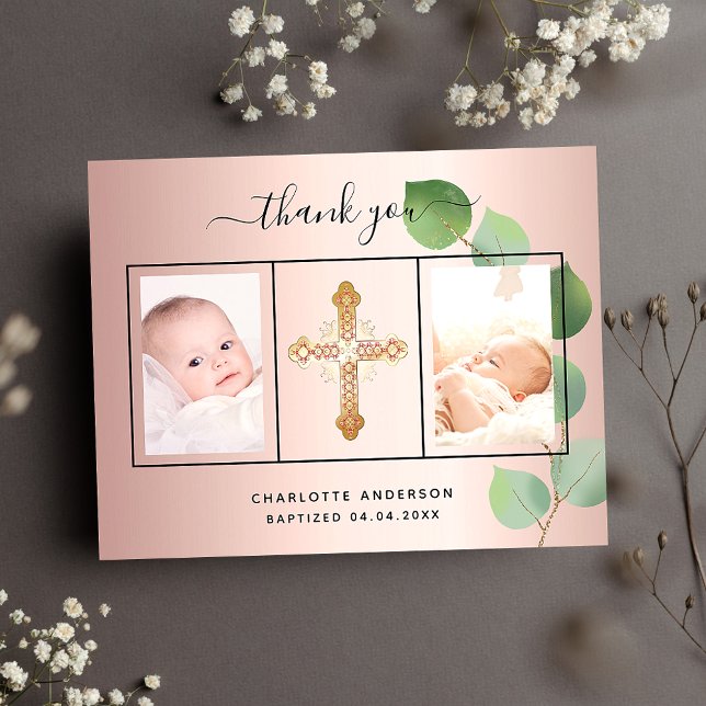 Baptism rose eucalyptus photo thank you card (Creator Uploaded)