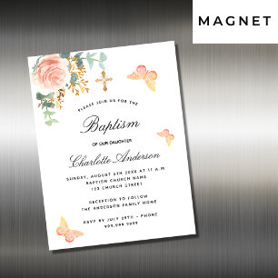Baptism rose floral butterfly invitation magnet