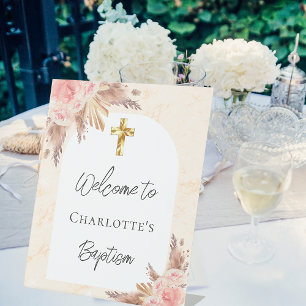 Baptism rose gold blush pampas grass arch welcome pedestal sign