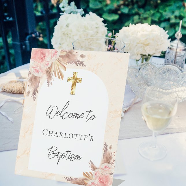 Baptism rose gold blush pampas grass arch welcome pedestal sign (Creator Uploaded)