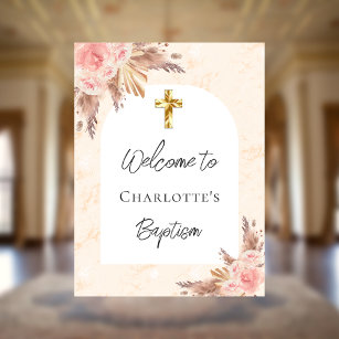 Baptism rose gold blush pampas grass arch welcome poster