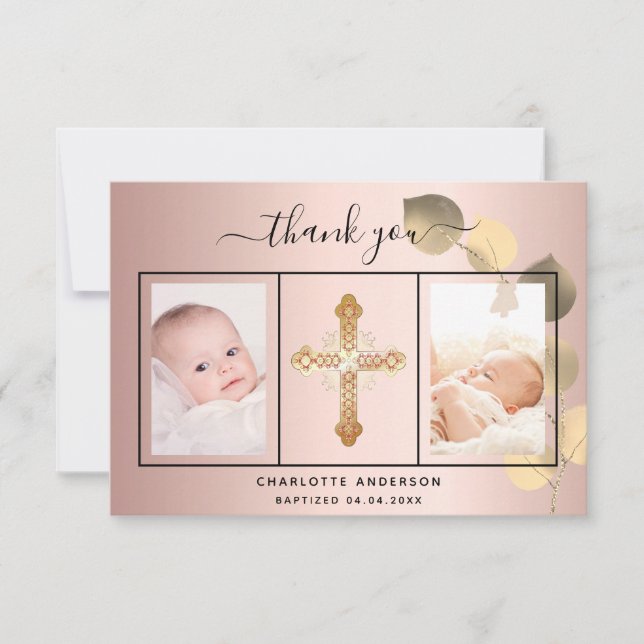 Baptism rose gold eucalyptus photo thank you card (Front)