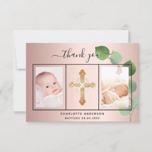 Baptism rose gold eucalyptus photo thank you card