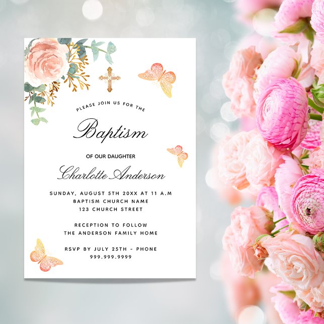 Baptism rose gold floral butterfly eucalyptus invitation (Creator Uploaded)