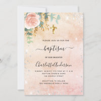 Baptism rose gold floral eucalyptus silver sparkle