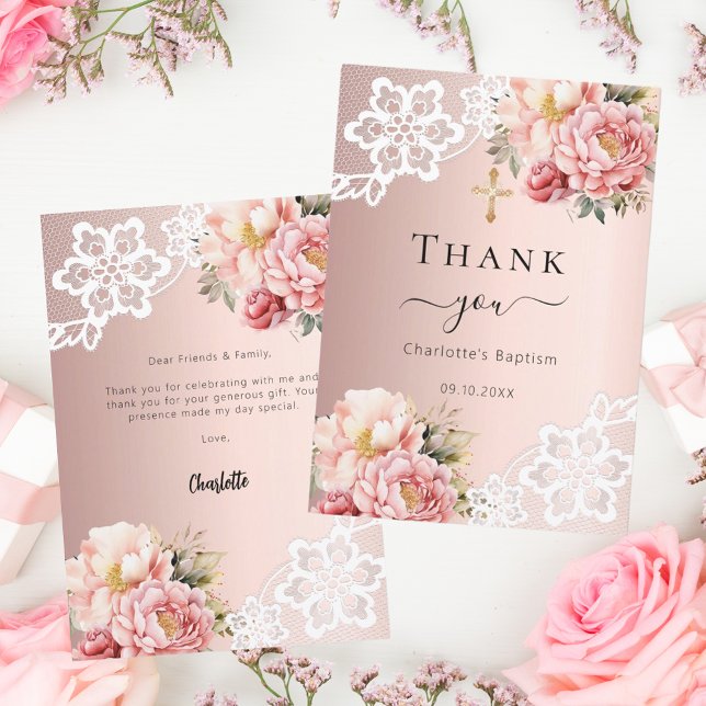 Baptism rose gold floral lace thank you card (Creator Uploaded)