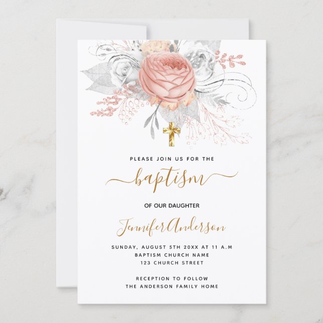 Baptism rose gold florals girl elegant white invitation (Front)