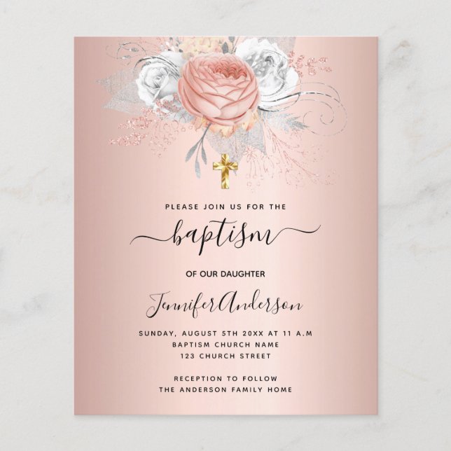 Baptism rose gold florals girl invitation (Front)
