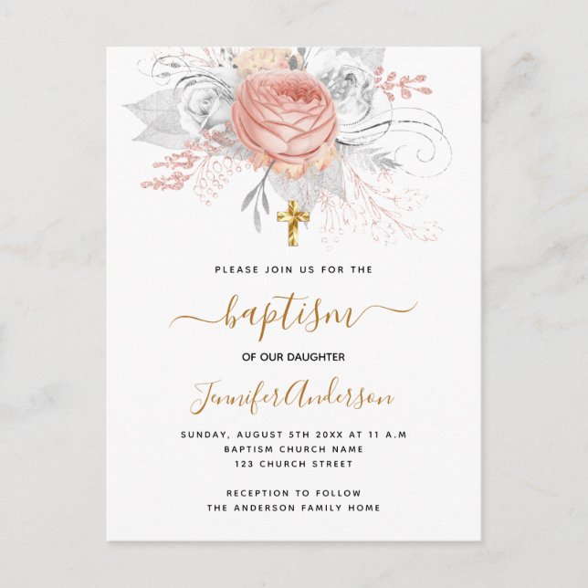 Baptism rose gold florals girl white elegant invitation postcard (Front)
