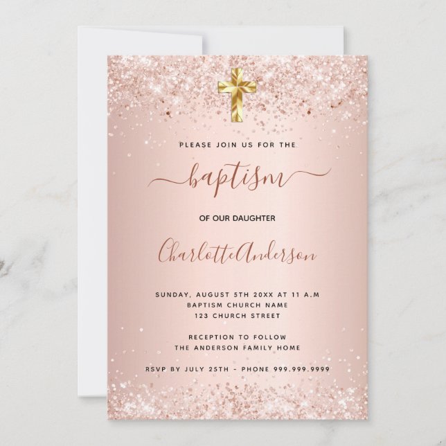 Baptism rose gold glitter dust blush girl invitation (Front)