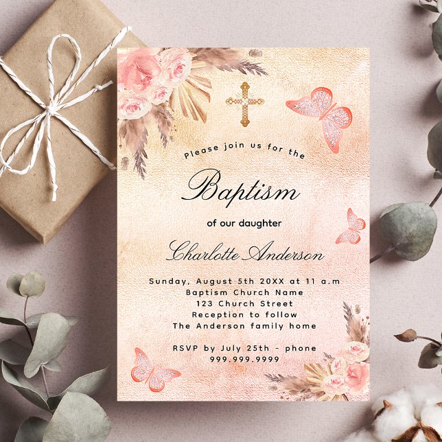 Baptism rose gold pink butterfly pampas luxury invitation (Creator Uploaded)