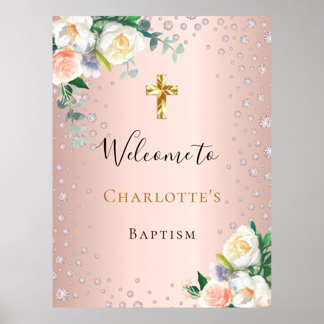 Baptism rose gold pink flowers girl welcome poster (Front)
