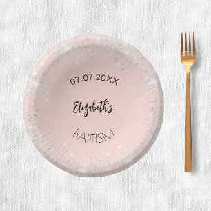 Baptism rose gold silver glitter girl name paper plate