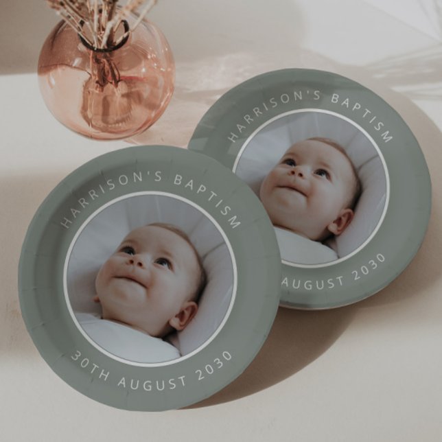 Baptism Round Photo Sage Paper Plate (Zazzle Baptism Round Photo Sage Paper Plates)
