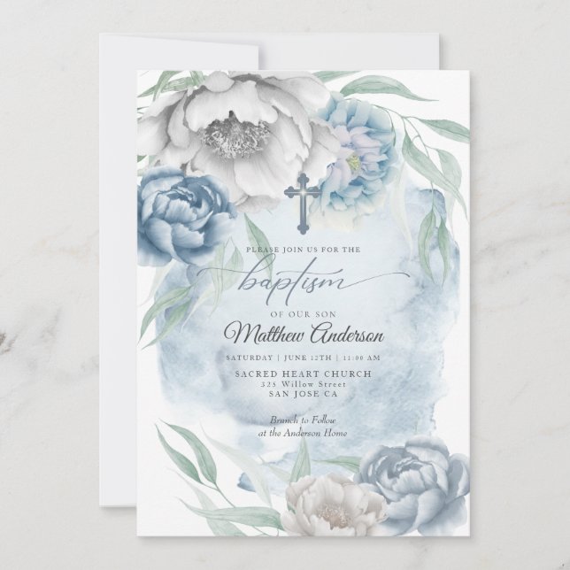 BAPTISM Rustic Dusty Blue Alabaster Flowers Invitation (Front)