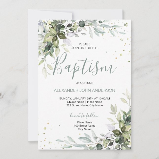 Baptism Rustic Greenery Leafy Foliage  Invitation (Front)