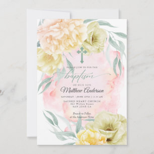 BAPTISM Rustic Ivory Coral Yellow Floral  Invitation