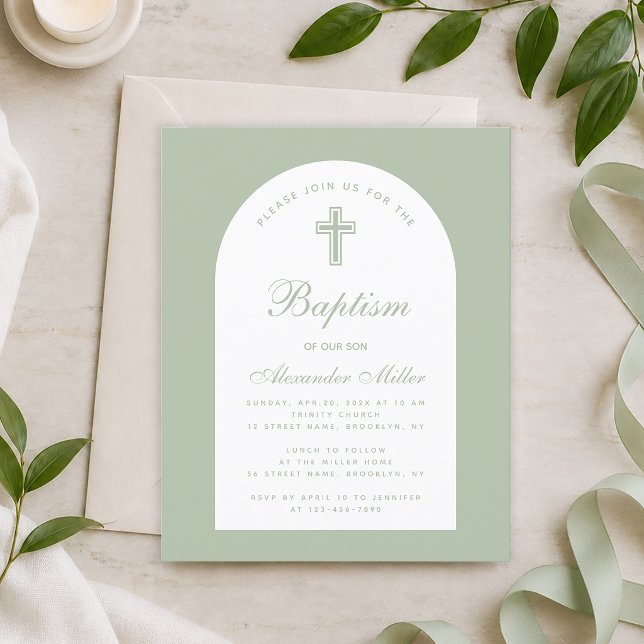 Baptism Sage Budget Arch Green Script Invitation (Creator Uploaded)